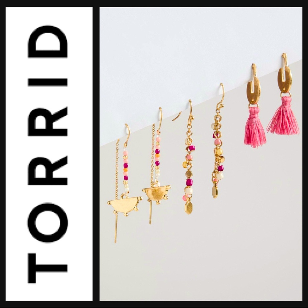 Torrid Shakey Tassel Linear Earring Set 3 PAIRS gold & pink colors Sherbet